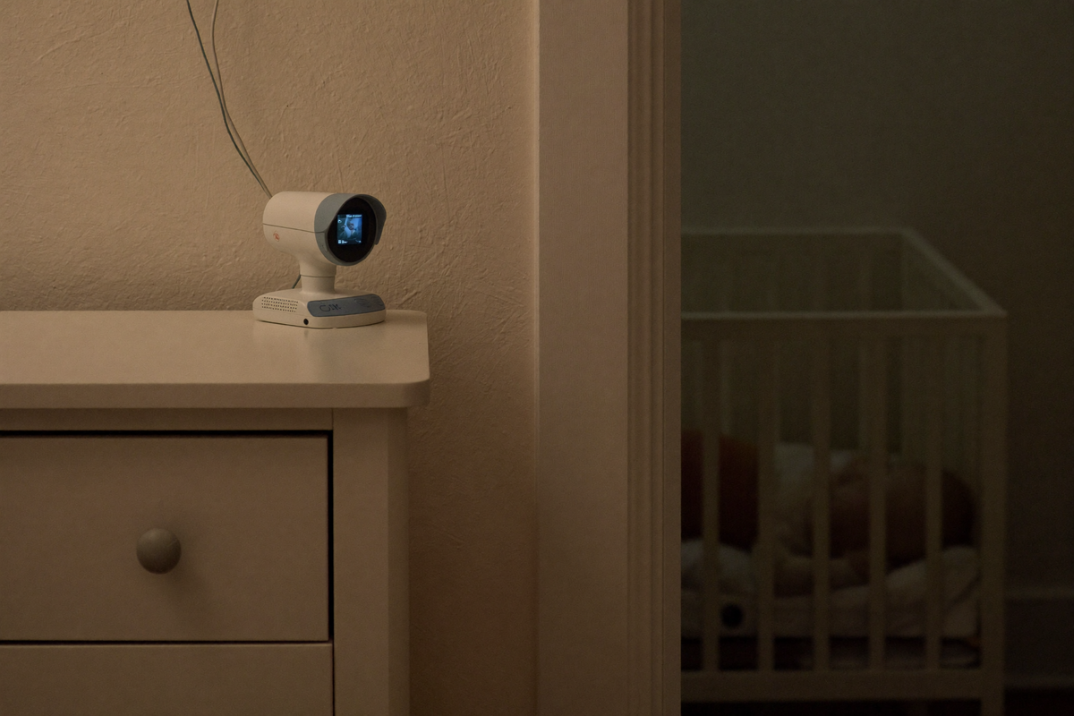 Chambre d'enfant la nuit : caméra de babyphone posée sur une commode à un mètre du lit, câble rangé hors de portée Image