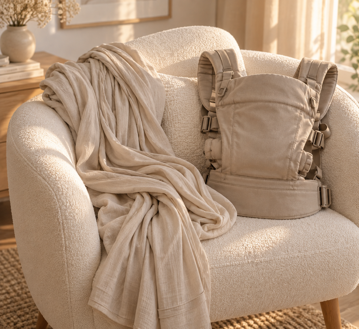 Écharpe de portage et porte-bébé préformé posés sur un fauteuil Image