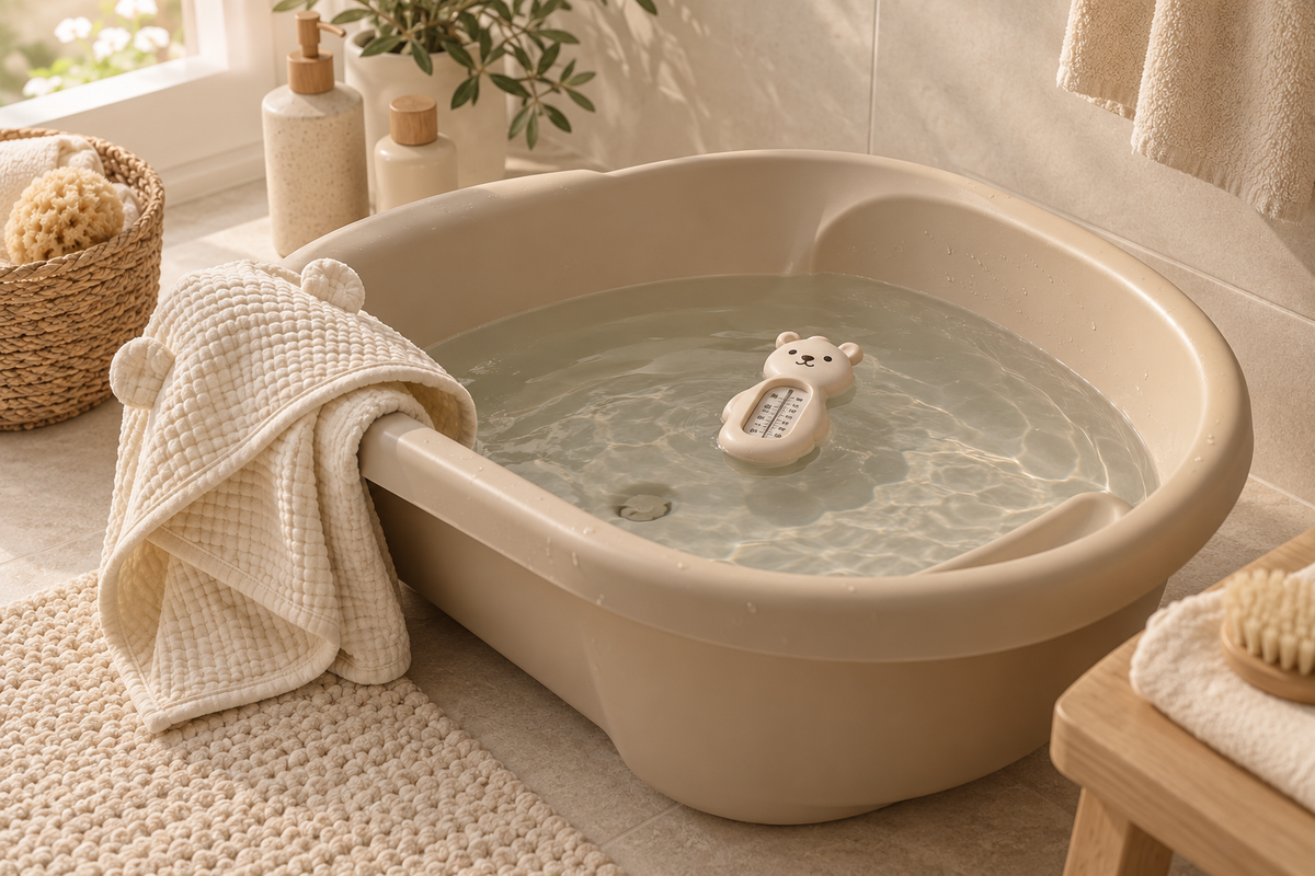 Baignoire pour bébé remplie d'eau, thermomètre de bain flottant Image