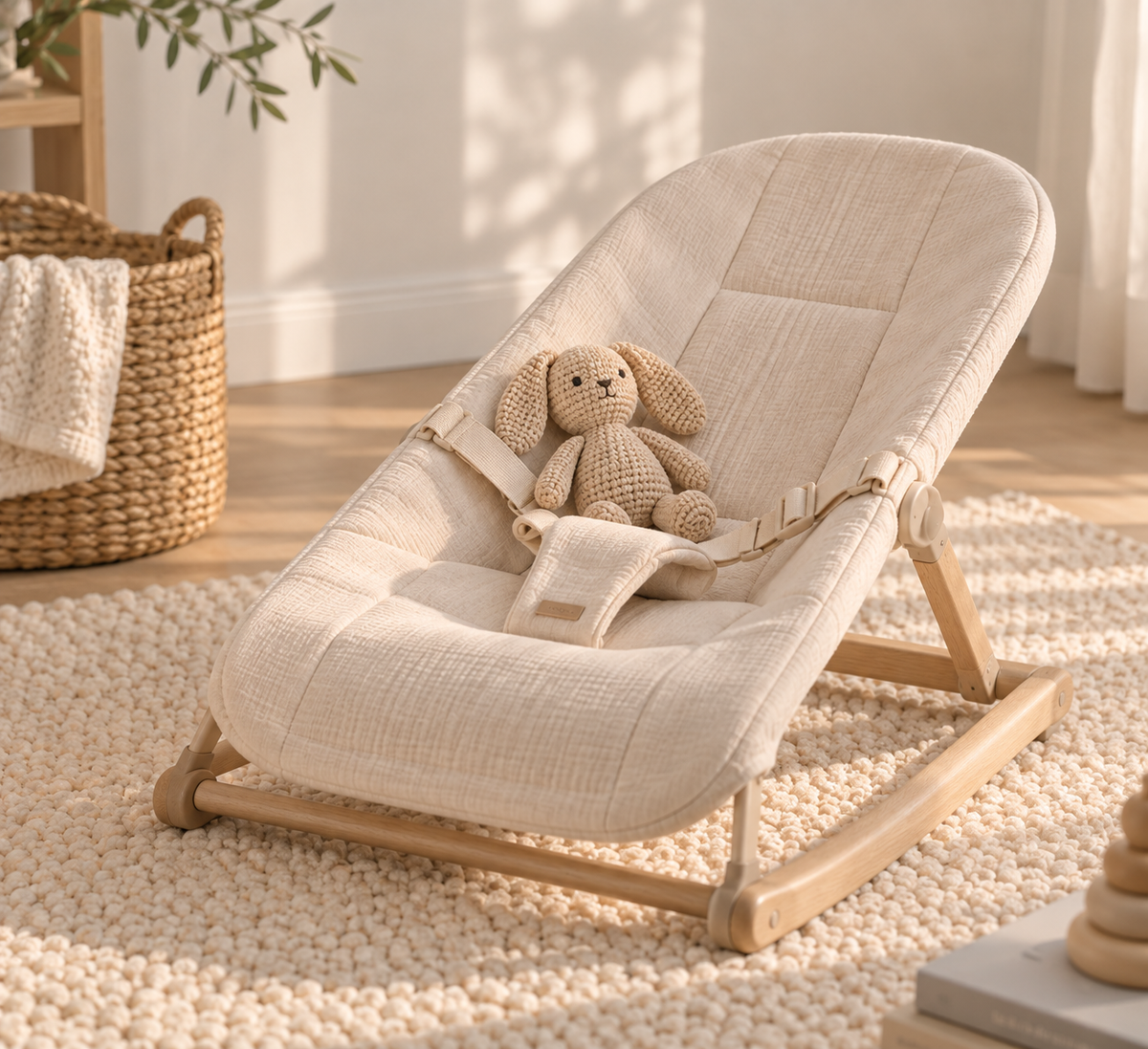 Transat pour bébé en tissu crème et bois clair, avec un doudou Image