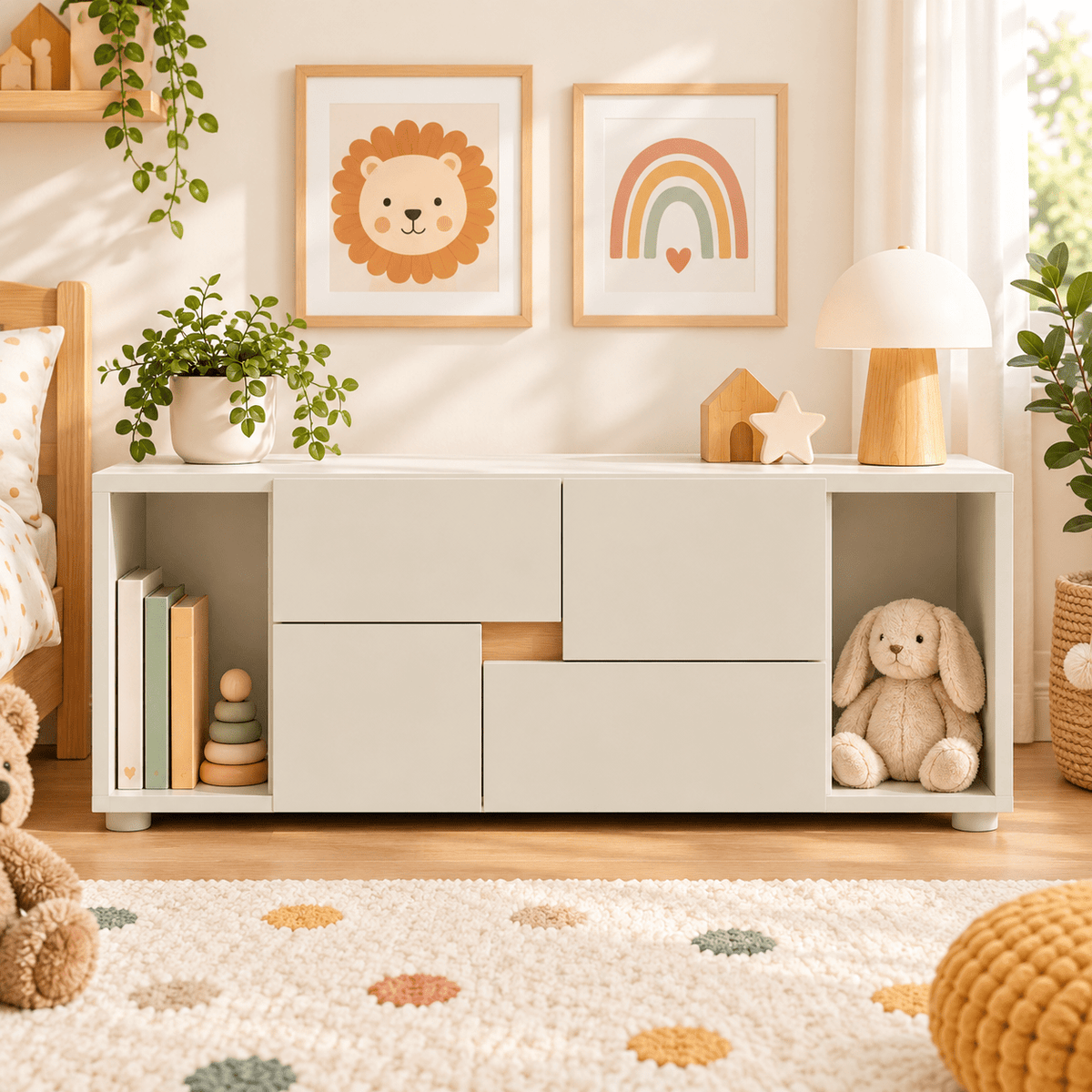 Bibliothèque basse enfant LINOA 4 portes cachemire avec 2 niches — Monptitlou Image
