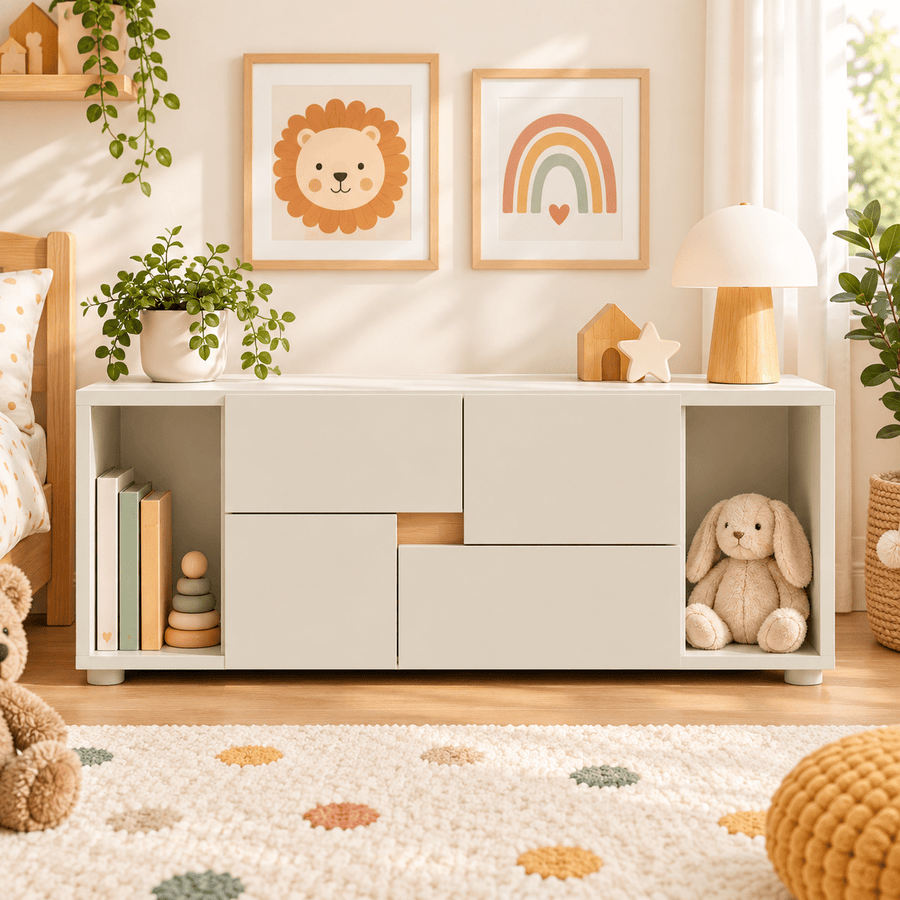 Bibliothèque basse enfant LINOA 4 portes cachemire avec 2 niches — Monptitlou