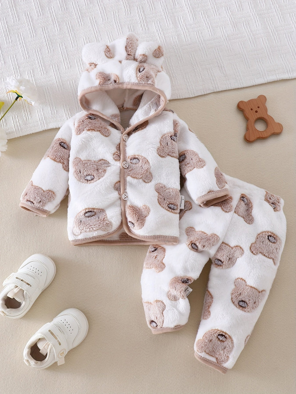[Vêtements Noël bébé] Tenue Sherpa Ours Mignon pour Bébé Garçon, Ensemble 2 pièces Hiver Chaud en Polaire avec Capuche e