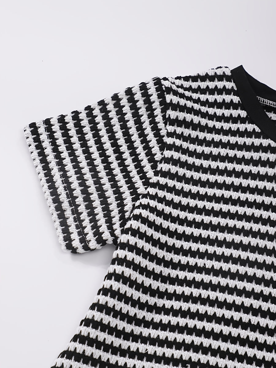 T-shirt col rond jacquard à blocs de couleur pour garçons été et short — Monptitlou