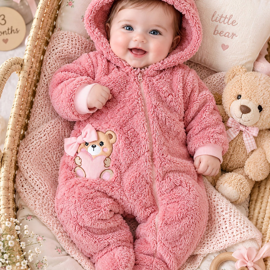 Combinaison à capuche en polaire ours rose pour bébé fille — Monptitlou