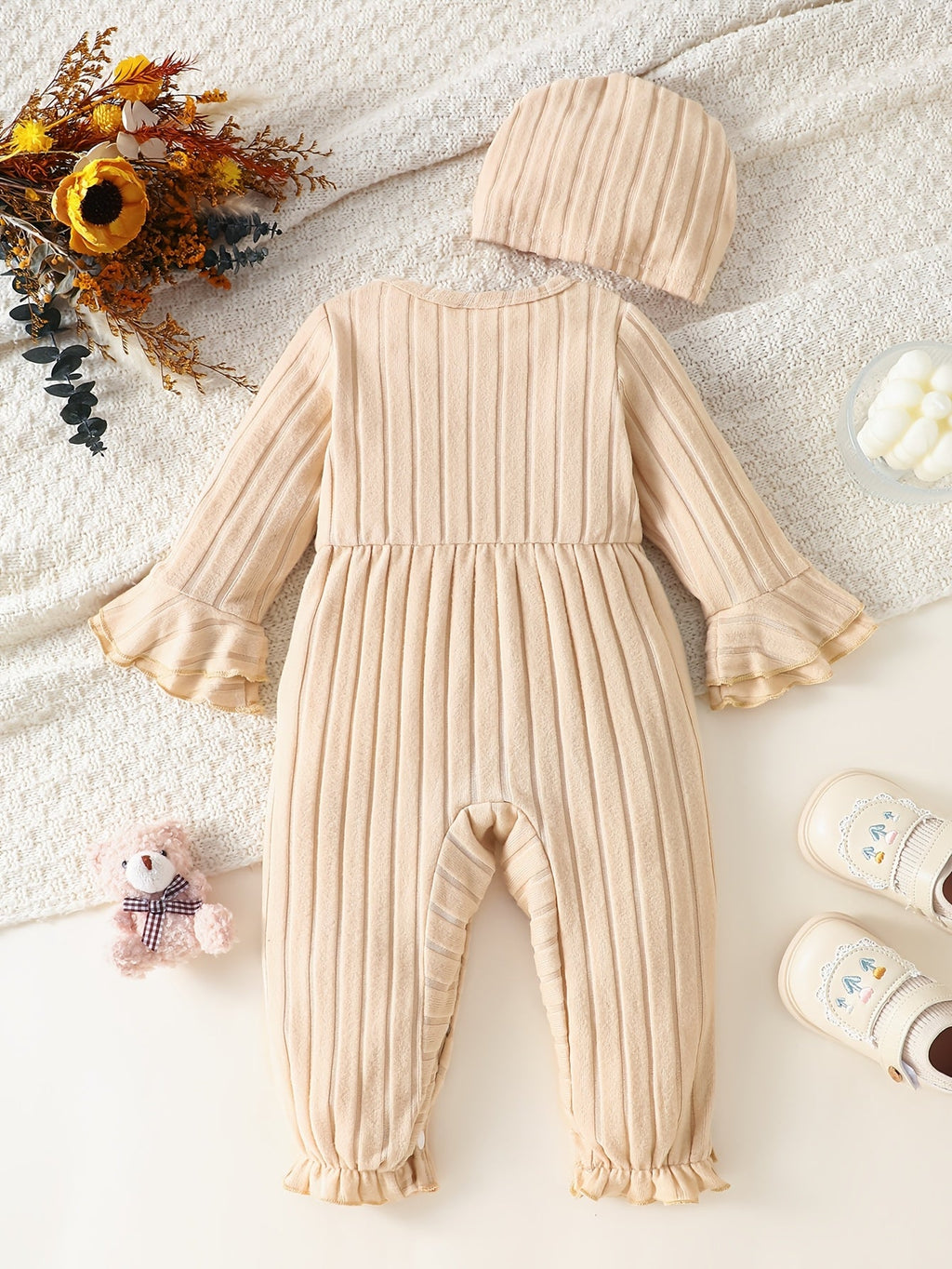 Body col rond en côtes brossées et bonnet pour bébé fille — Monptitlou