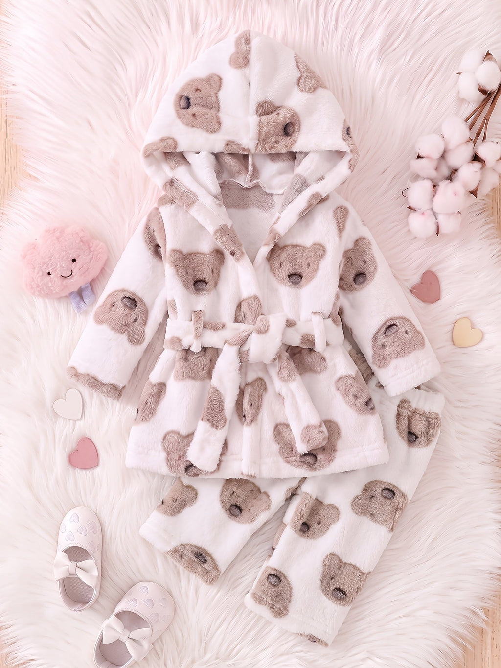 Pour bébé garçon : veste à capuche et pantalon en peluche crème à motif — Monptitlou