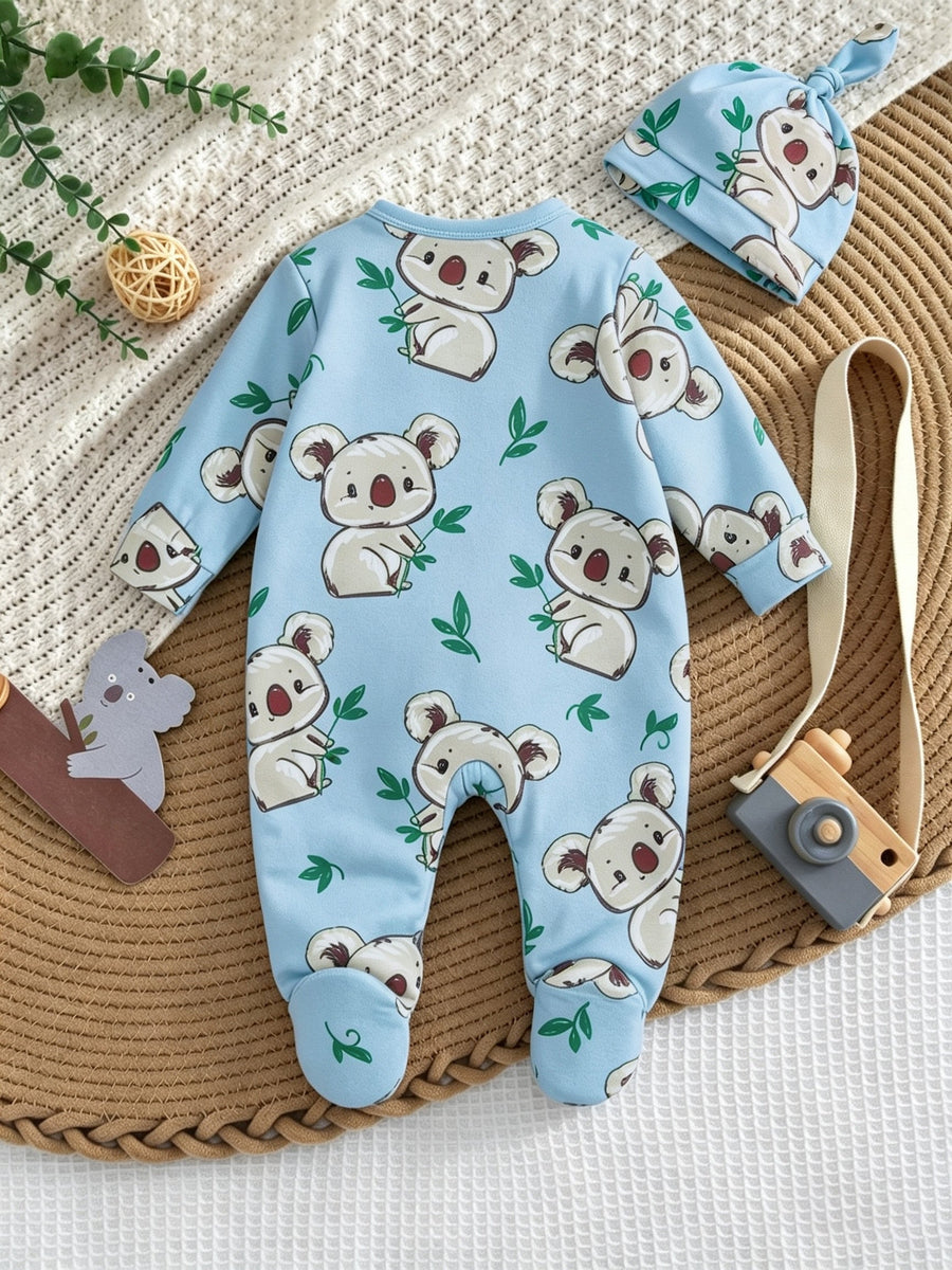 Combinaison bébé pieds doux koala feuille verte unisexe 0-9 mois ensemble body et bonnet pour extérieur