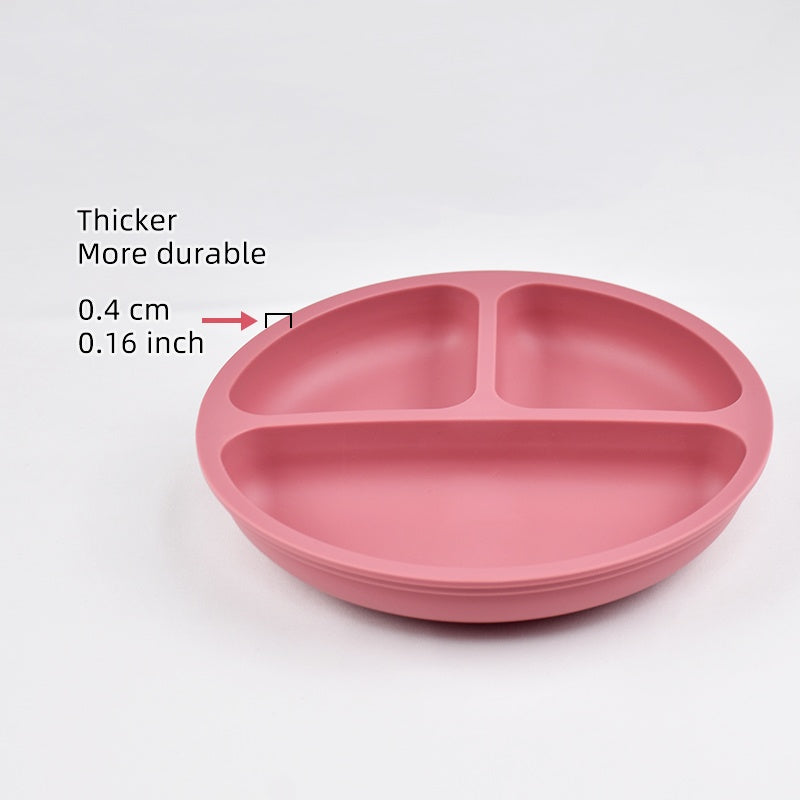 Ensemble de couverts en silicone alimentaire pour bébé - 3 pièces : assiette ronde, cuillère à fentes, cuillère à purée 