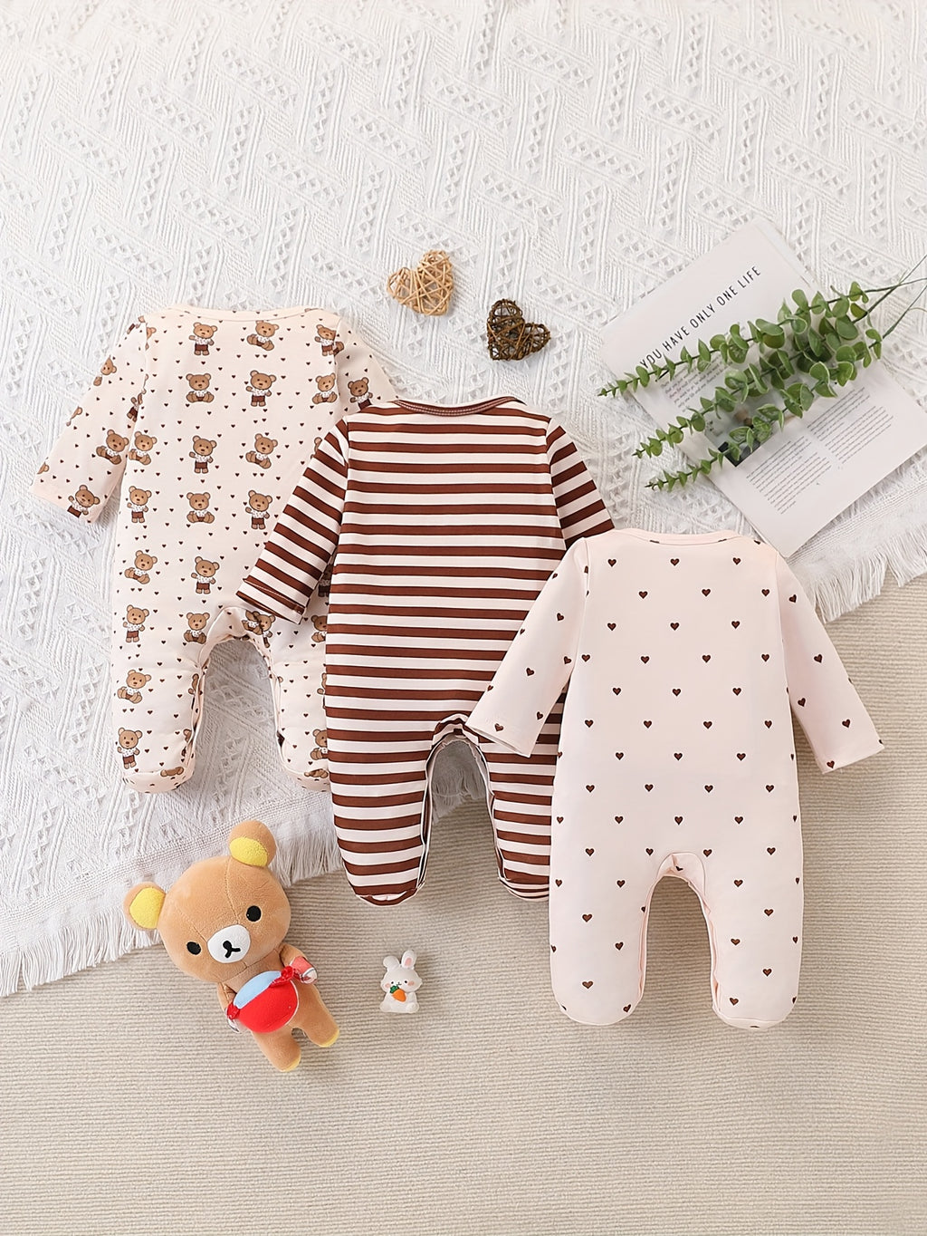 Bodysuits pieds pour bébé, imprimé ours, col rond manches longues — Monptitlou
