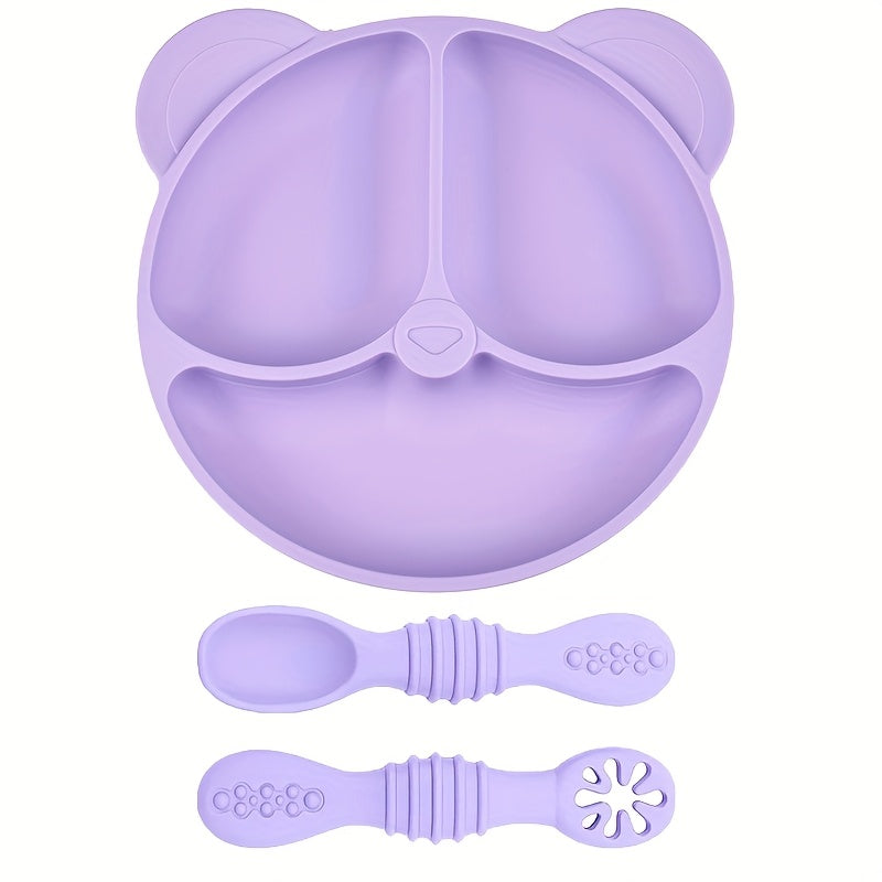 [Cadeau pour enfants] Assiette Divisée en Silicone (avec Ventouse) et 2 Cuillères Complémentaires pour Bébés - Vaisselle