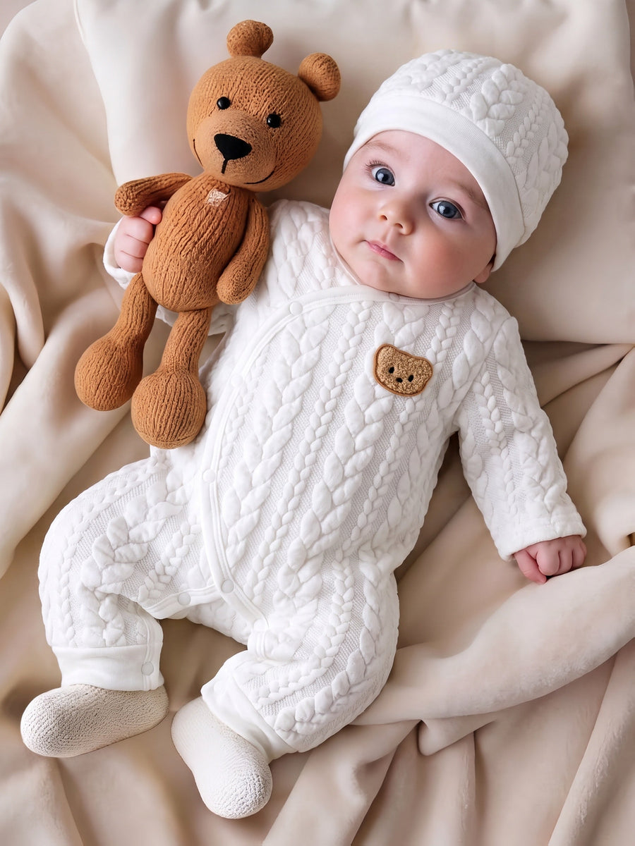 Body pour nouveau-né garçon avec décoration ours blanc, avec bonnet — Monptitlou