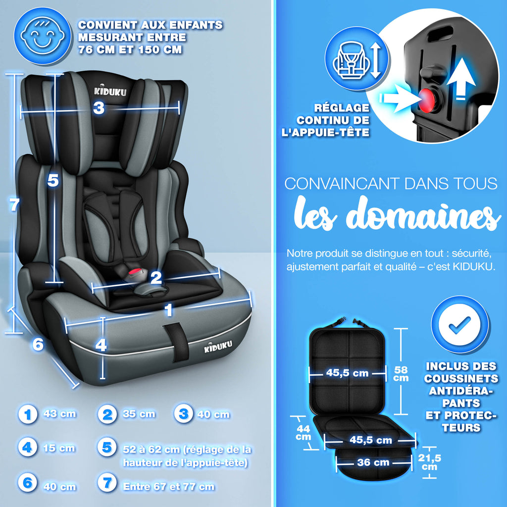KIDUKU® Siège auto enfant 9-36 kg (1-12 ans) avec coussin pour siège