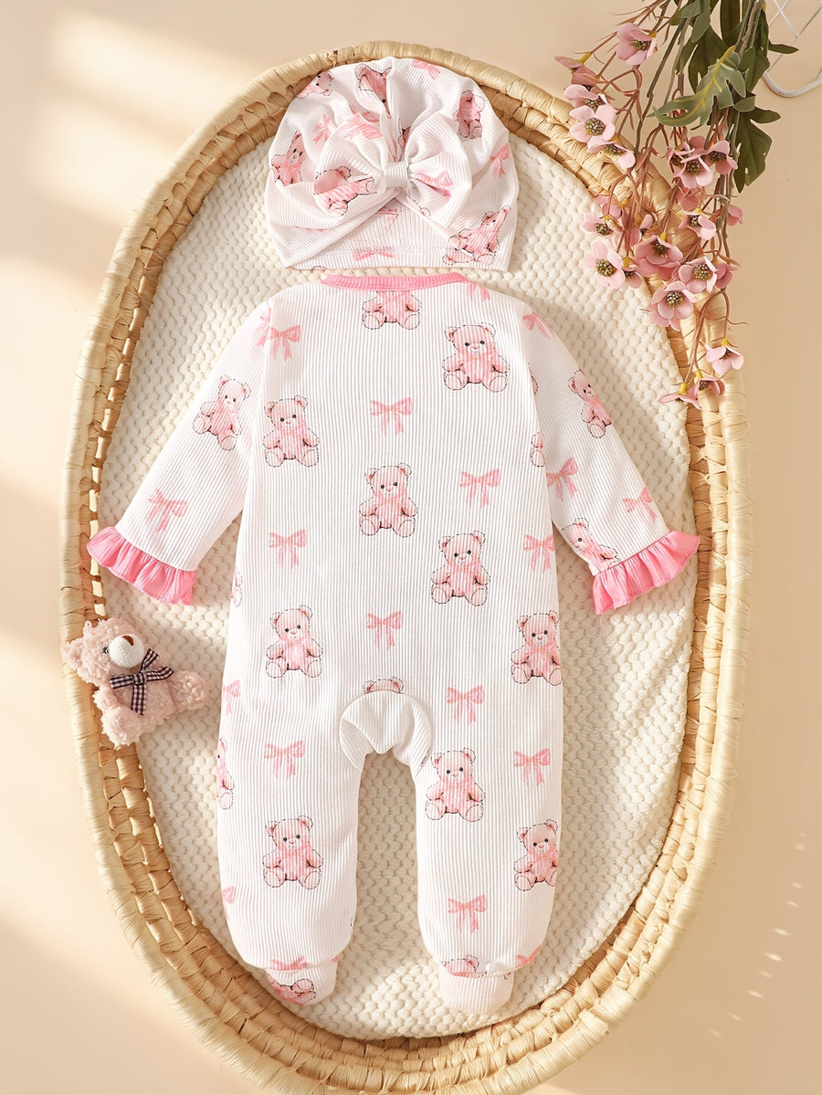 Body bébé fille imprimé ours avec pieds, assorti d'un chapeau nœud — Monptitlou