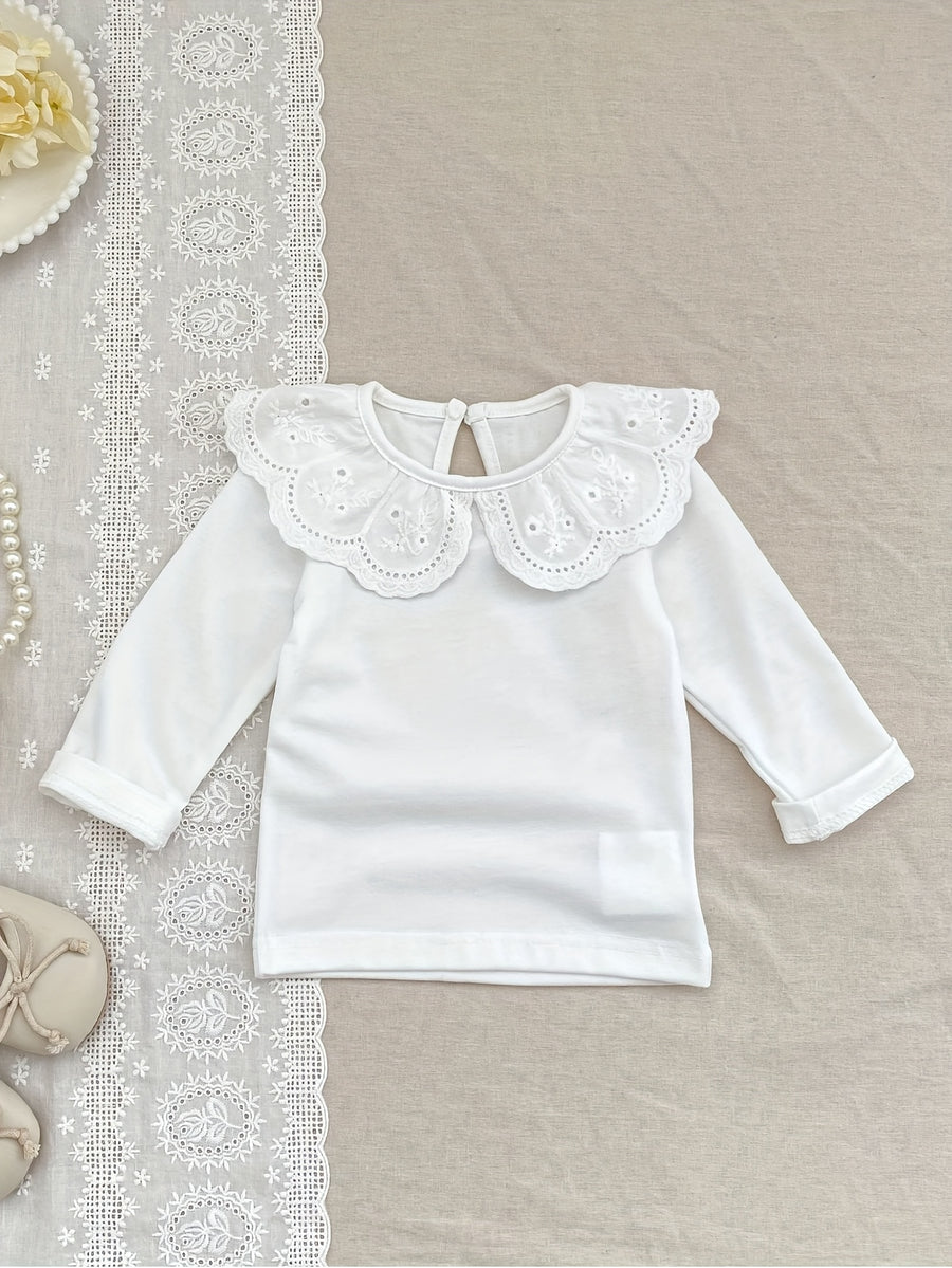T-shirt pour filles à col dentelle unicolore — Monptitlou
