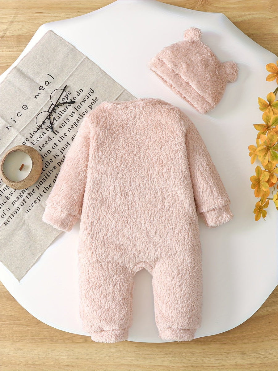 Combinaison Mignonne à Manches Longues en Peluche Unie pour Filles - Automne/Hiver avec Fermeture Éclair et Petit Chapea
