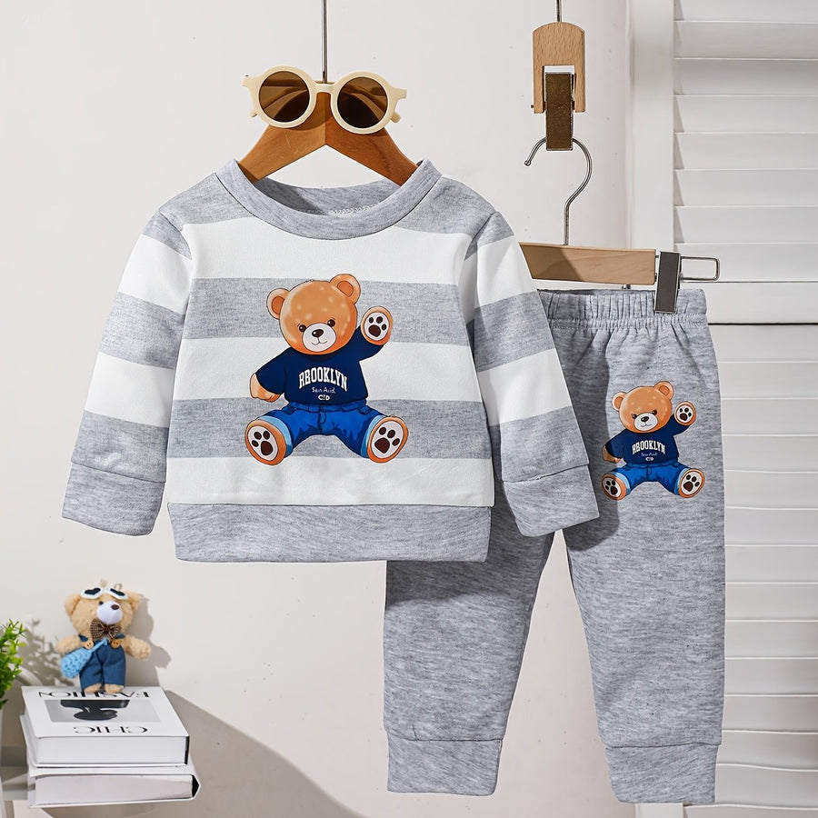 Ensemble sweat à manches longues en polaire imprimé ours cartoon rayé — Monptitlou