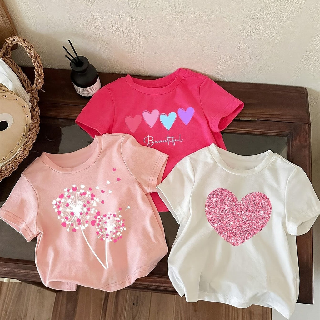 Hauts manches courtes col rond motif floral et cœur pour filles — Monptitlou
