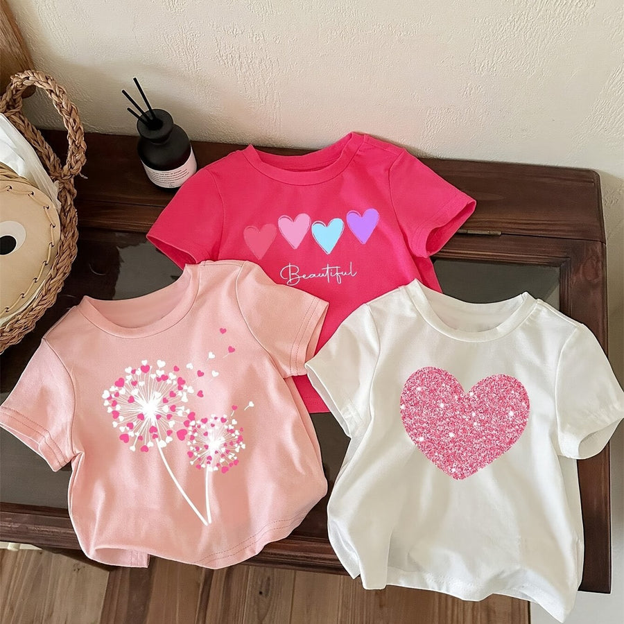 Hauts manches courtes col rond motif floral et cœur pour filles — Monptitlou