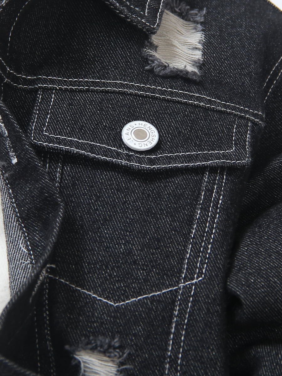 Ensemble Jeans à Manches Longues et Taille Élastique Déchiré pour