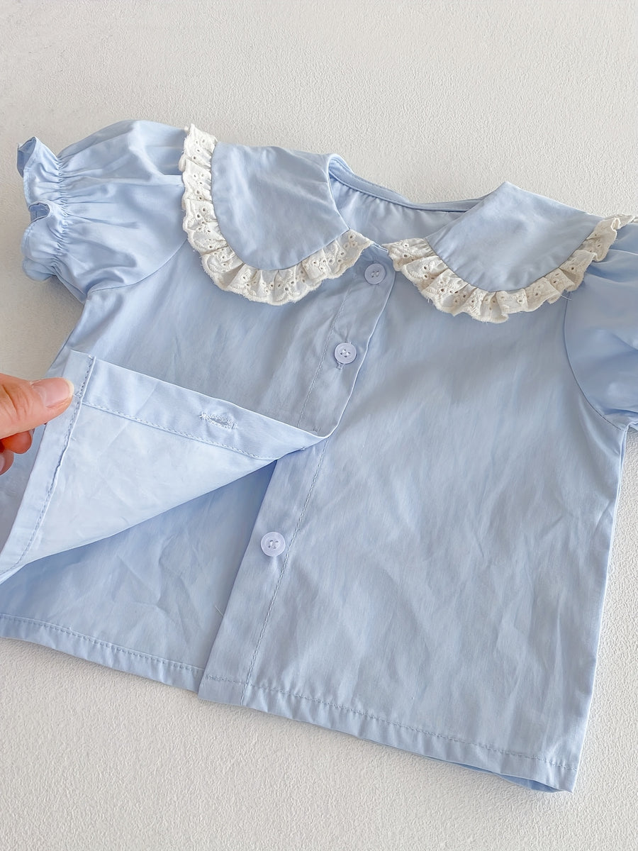 Haut de base ample et court à manches bouffantes en dentelle à revers — Monptitlou