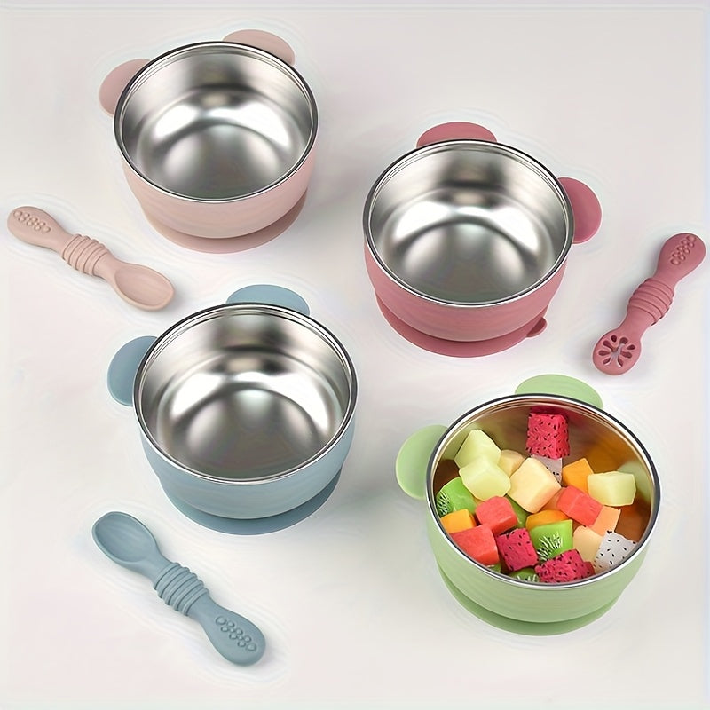 Lot de 3 pièces vaisselle bébé bol en acier inoxydable 304 avec manchon antidérapant alimentaire et cuillère à lécher, b