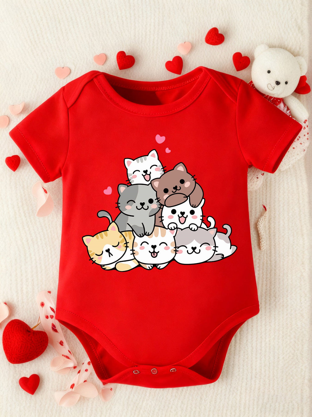 Combinaison à Manches Courtes Mignonne pour Nouveau-né Fille "Amis Chats Amoureux" Imprimé Cartoon Body Triangle Enfant 