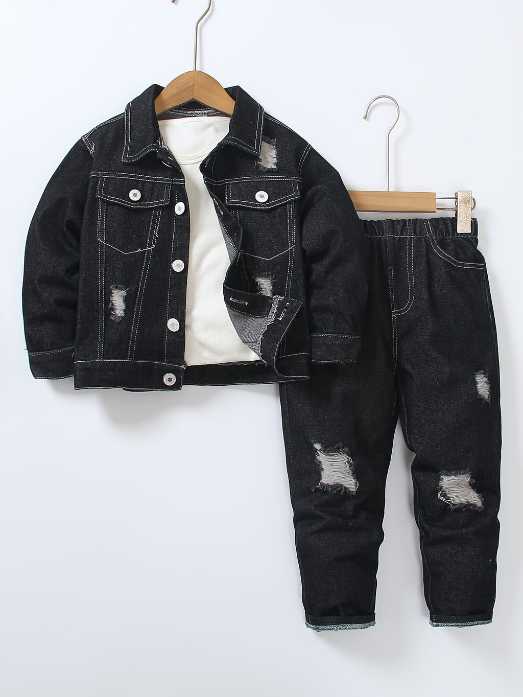 Ensemble Jeans à Manches Longues et Taille Élastique Déchiré pour