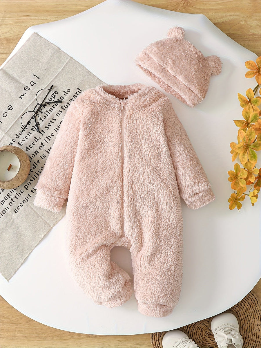 Combinaison Mignonne à Manches Longues en Peluche Unie pour Filles - Automne/Hiver avec Fermeture Éclair et Petit Chapea