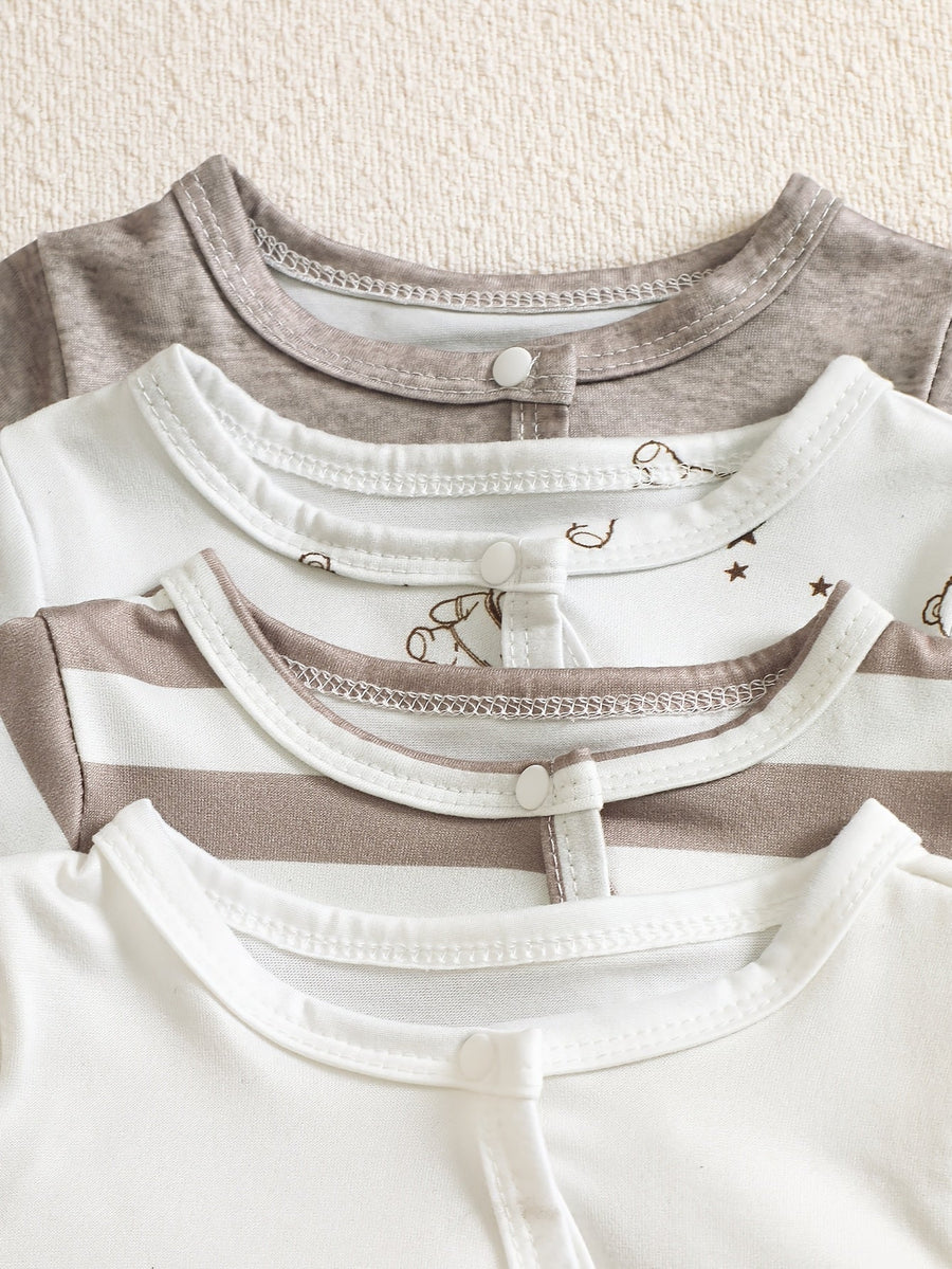 Body pour nouveau-né : rayé marron-gris + imprimé intégral petit ours + — Monptitlou