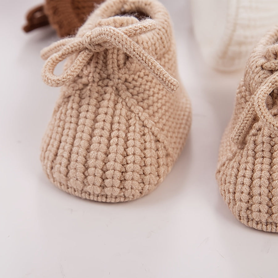 1 Paire Chaussons Crochets Nouveau-né Automne Hiver avec Nœud 0-12 Mois — Monptitlou