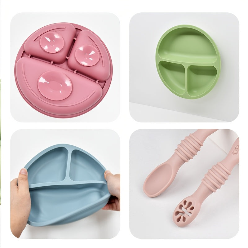Ensemble de couverts en silicone alimentaire pour bébé - 3 pièces : assiette ronde, cuillère à fentes, cuillère à purée 