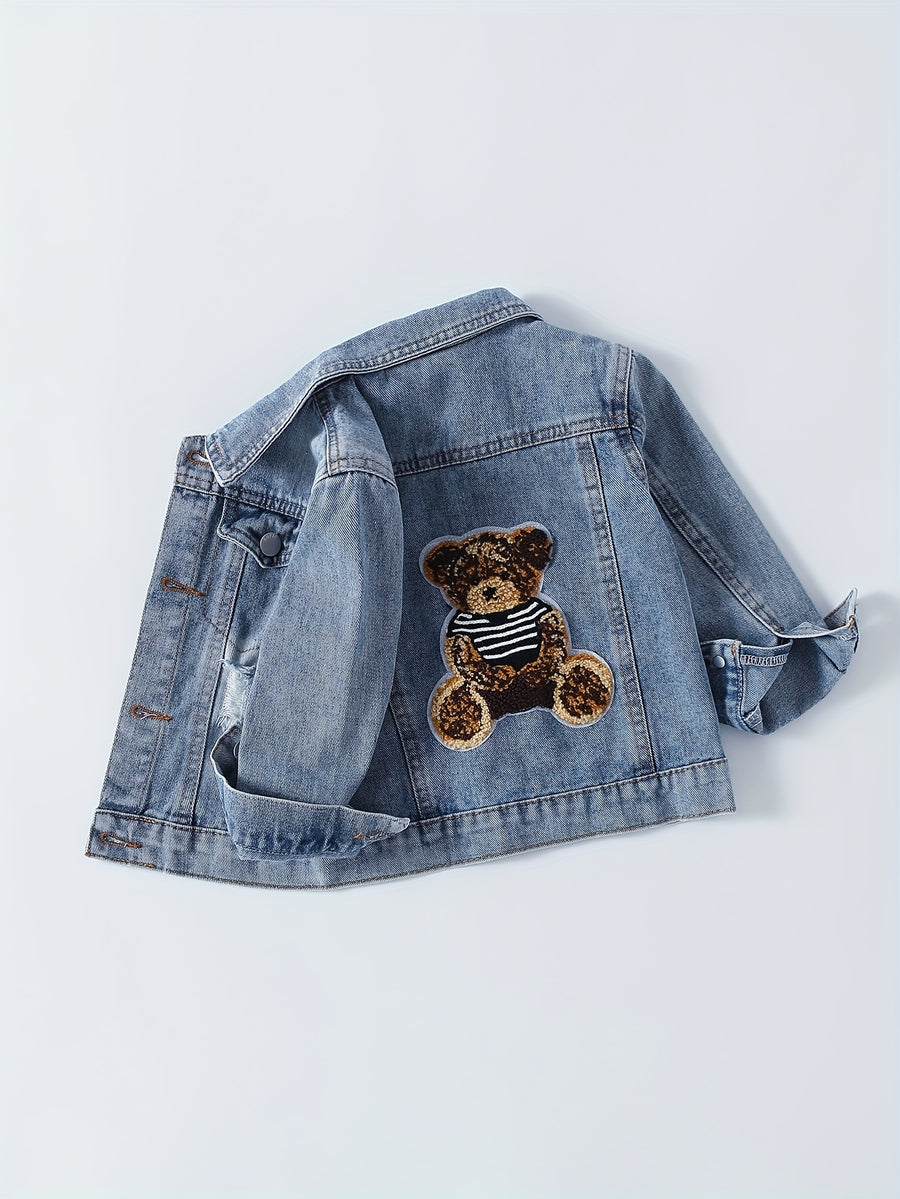 Veste en jean délavé bleu clair motif petit ours pour bébé garçon — Monptitlou