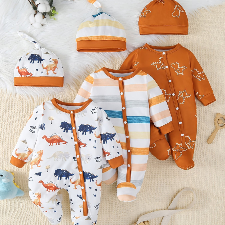 Ensemble bodysuit et bonnet pour garçon à rayures avec motif dinosaure — Monptitlou
