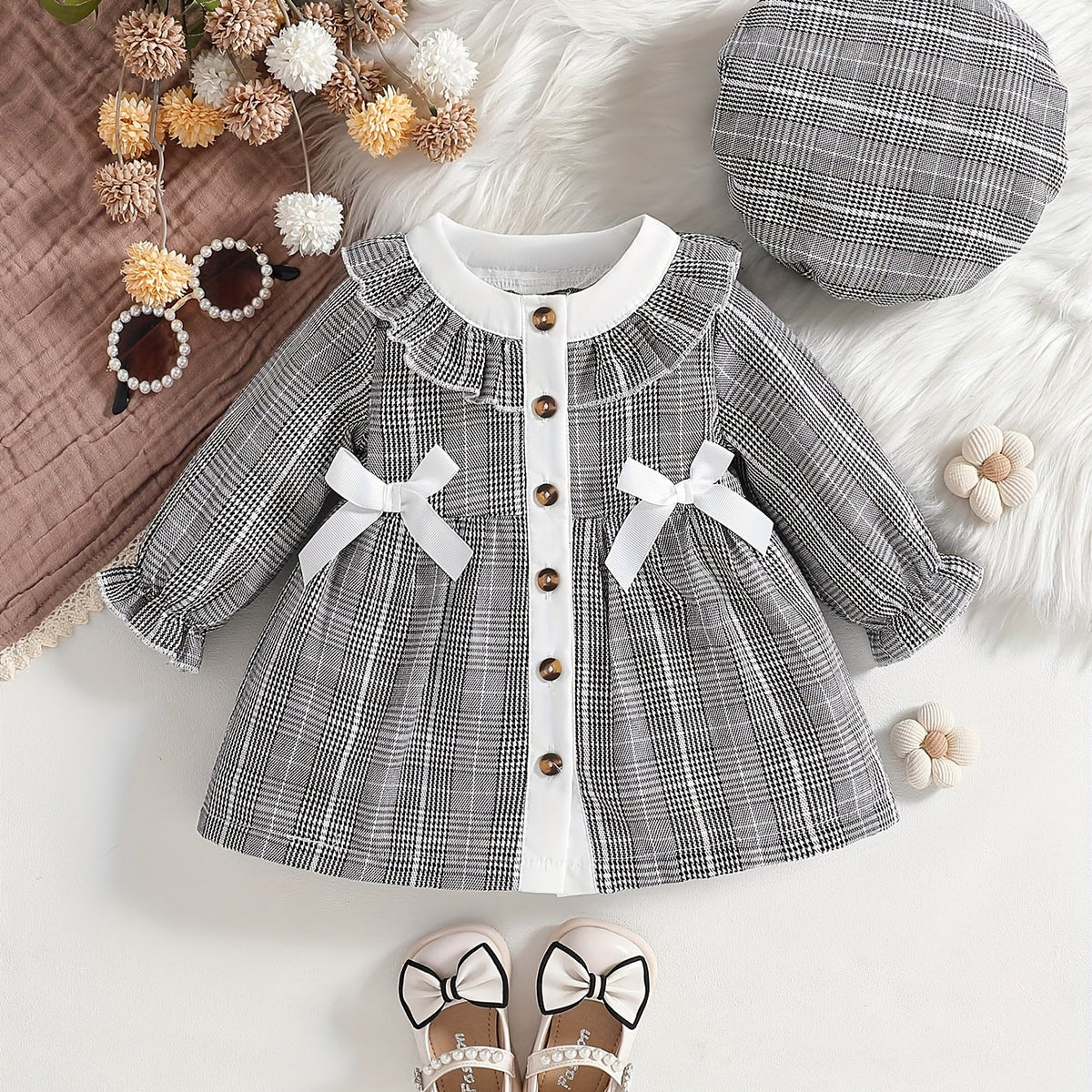 Veste ouverte à carreaux noir et blanc automne/hiver pour filles avec — Monptitlou Image