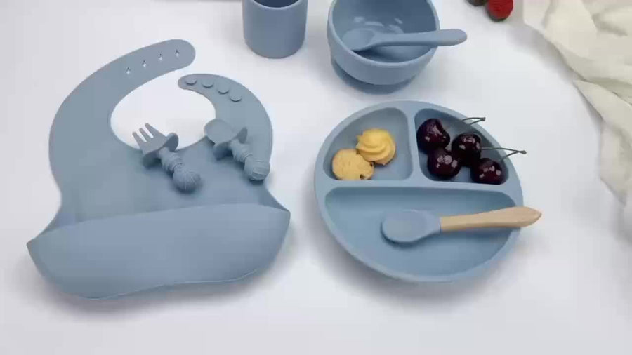 Lot de 8 pièces set d'alimentation bébé en silicone, incluant bol avec ventouse, assiette séparatrice, cuillère, fourche