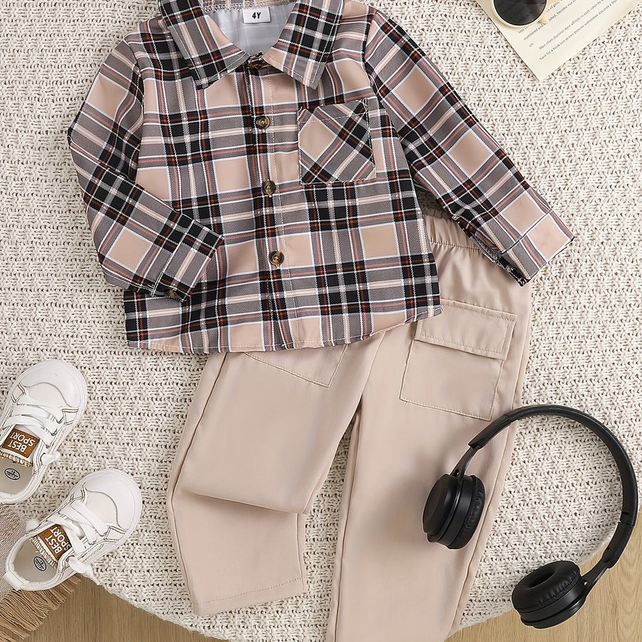 Ensemble chemise à carreaux et rayures abricot et pantalon cargo pour — Monptitlou