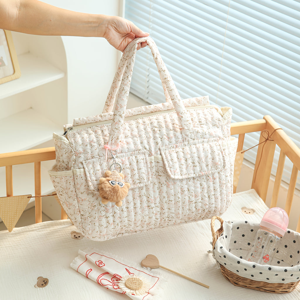 Grand sac fourre-tout matelassé à petites fleurs roses pour mamans et — Monptitlou
