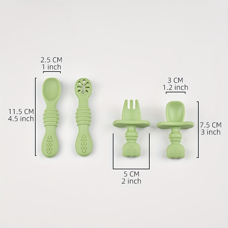 Lot de 4 cuillères et fourchettes en silicone pour bébé 0-3 ans, manche long et court, motif cartoon, alimentaire, pour 