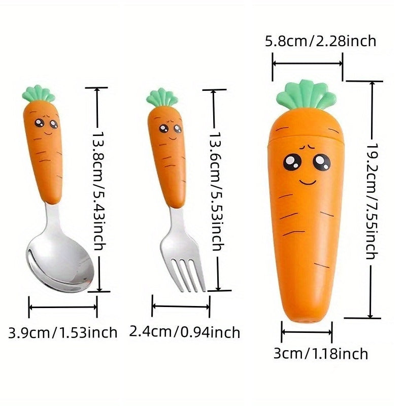Lot de 1 set de couverts pour enfants motif carotte cartoon, fourchette et cuillère avec manche, couverts portables pour