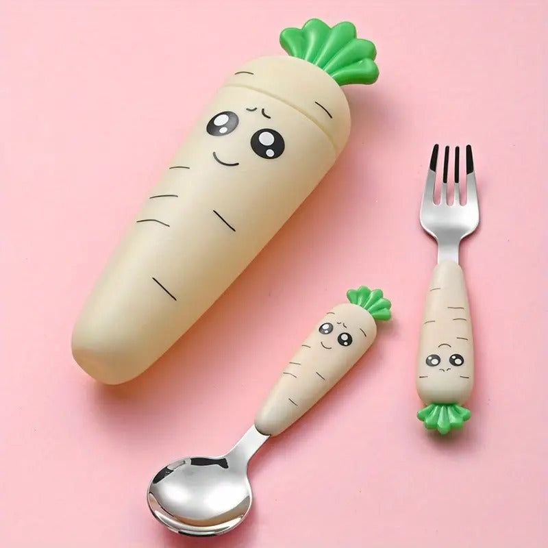 Lot de 1 set de couverts pour enfants motif carotte cartoon, fourchette et cuillère avec manche, couverts portables pour