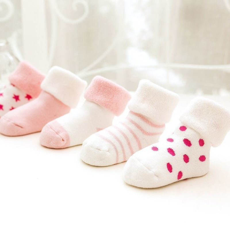 5pièces Chaussettes Thermiques pour Bébé - Bottines d'Hiver en Tissu Terry Doux, Poignets Extensibles, Jolis Motifs d'An