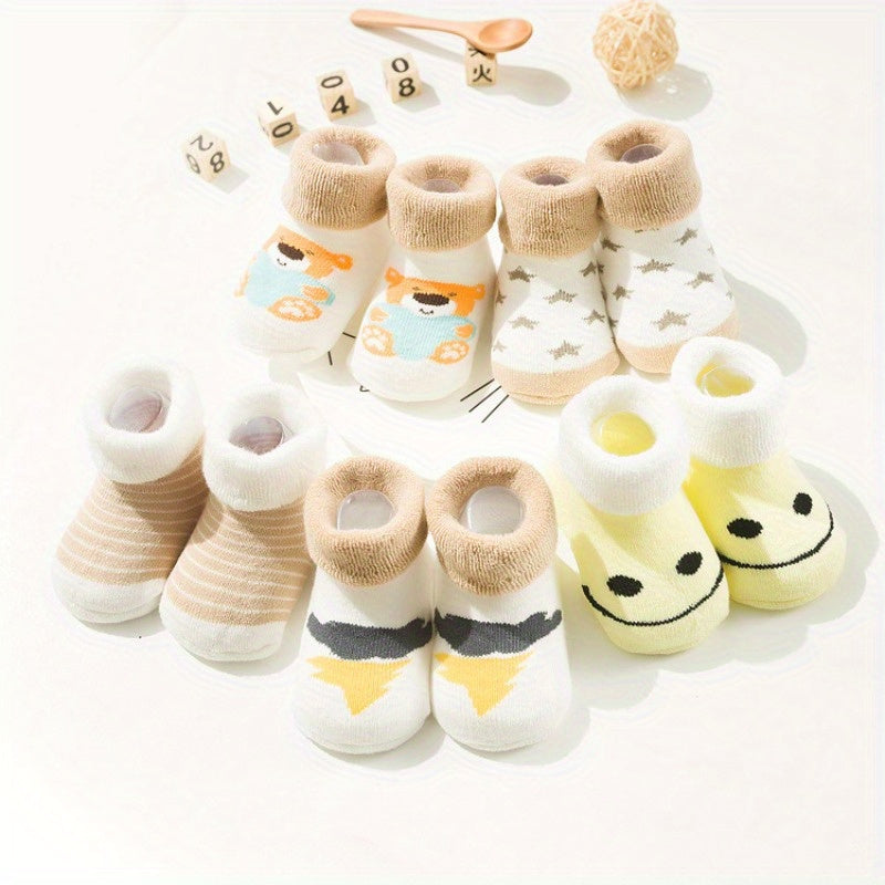5pièces Chaussettes Thermiques pour Bébé - Bottines d'Hiver en Tissu Terry Doux, Poignets Extensibles, Jolis Motifs d'An