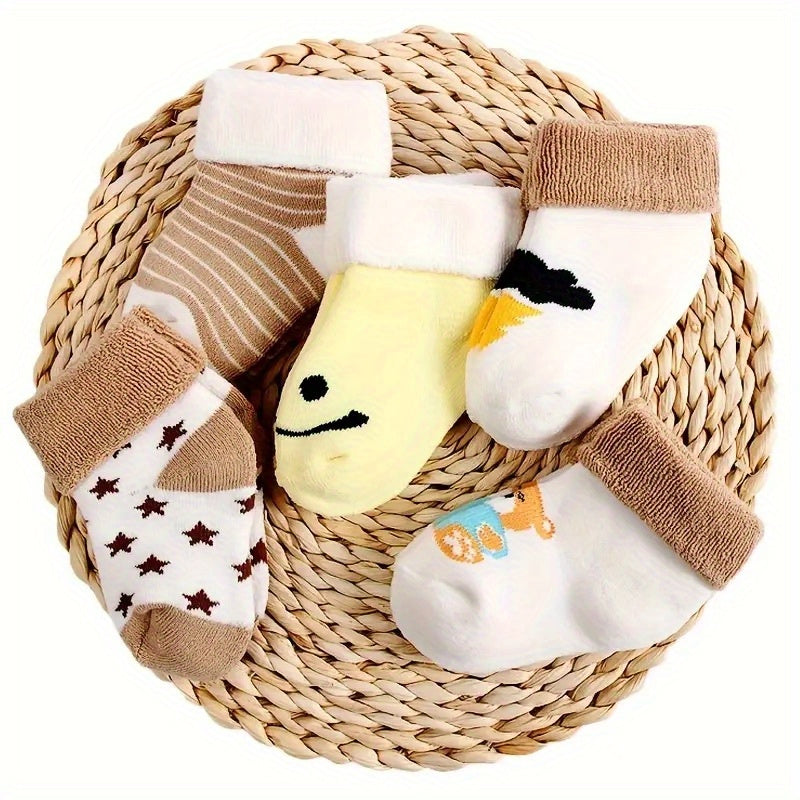 5pièces Chaussettes Thermiques pour Bébé - Bottines d'Hiver en Tissu Terry Doux, Poignets Extensibles, Jolis Motifs d'An
