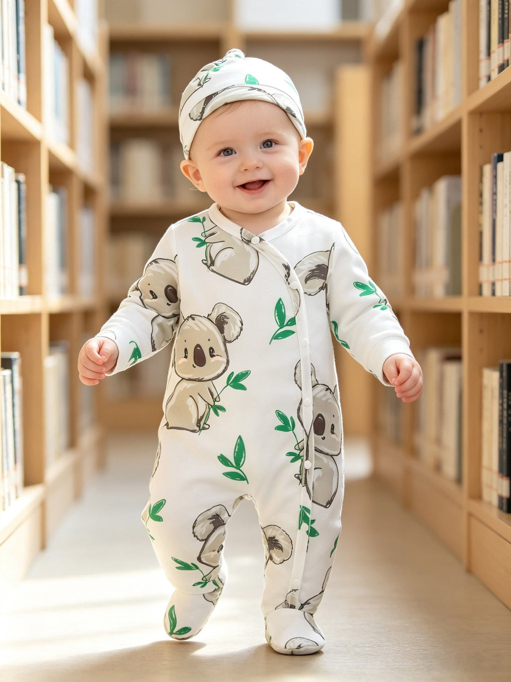 Combinaison bébé pieds doux koala feuille verte unisexe 0-9 mois ensemble body et bonnet pour extérieur