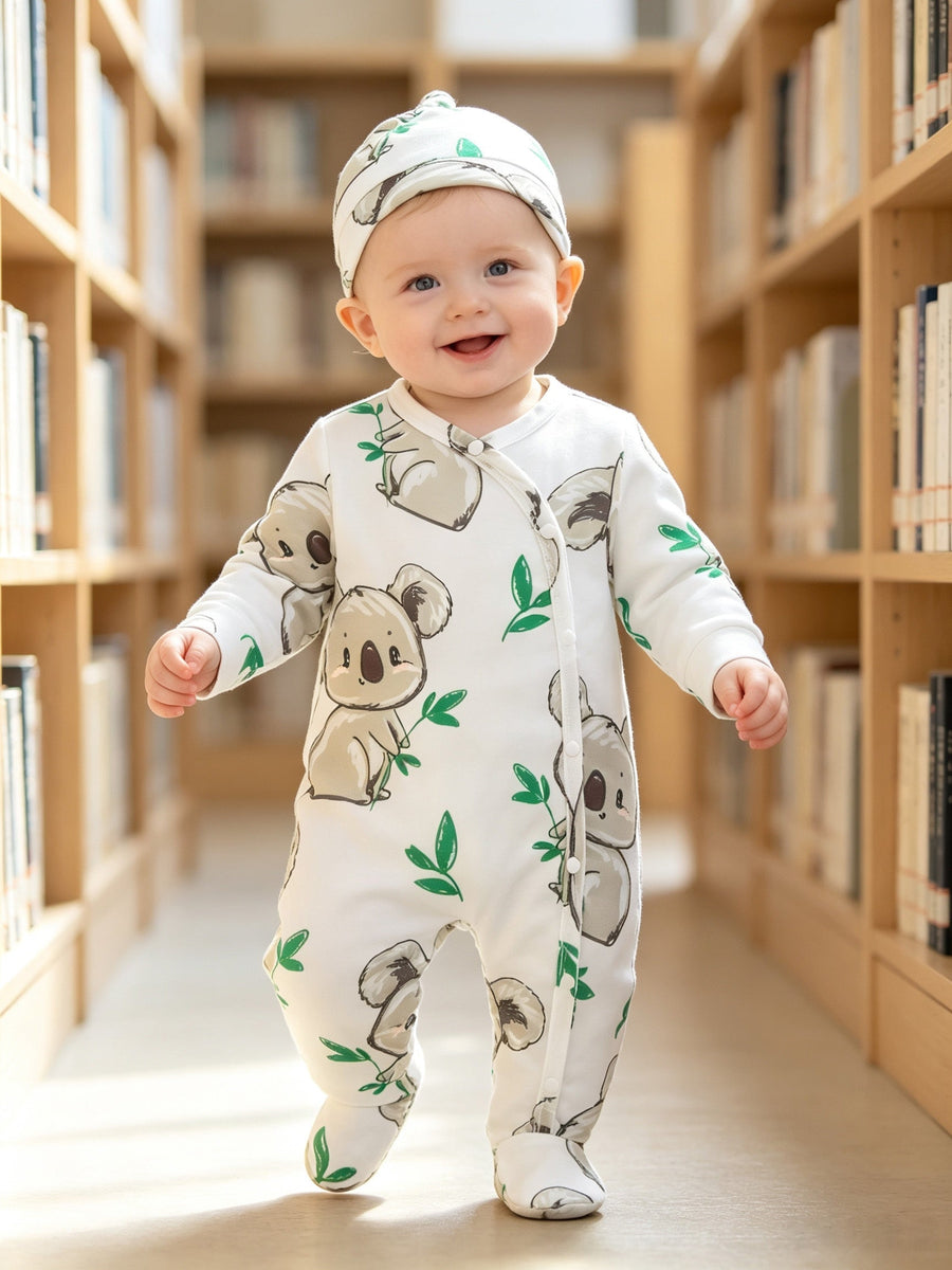 Combinaison bébé pieds doux koala feuille verte unisexe 0-9 mois ensemble body et bonnet pour extérieur