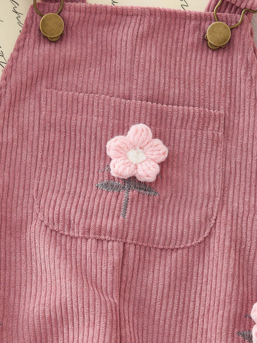 Salopette en velours côtelé pour bébé fille, combinaison avec broderie 3D en forme de serviette et fleurs, pantalon déco