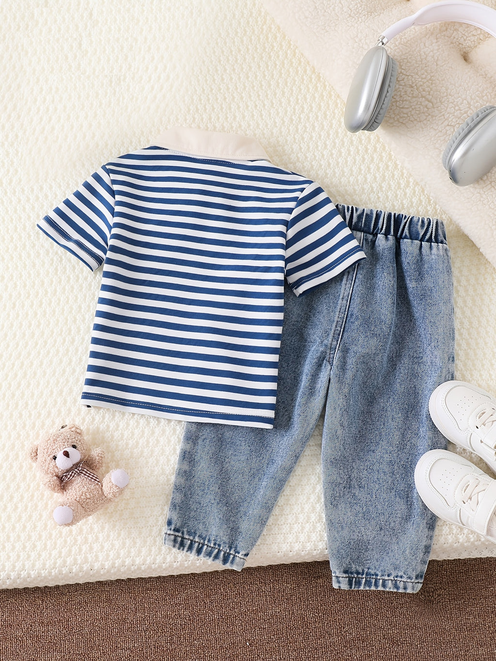Ensembles en denim pour garçons : chemise rayée avec poche ours — Monptitlou
