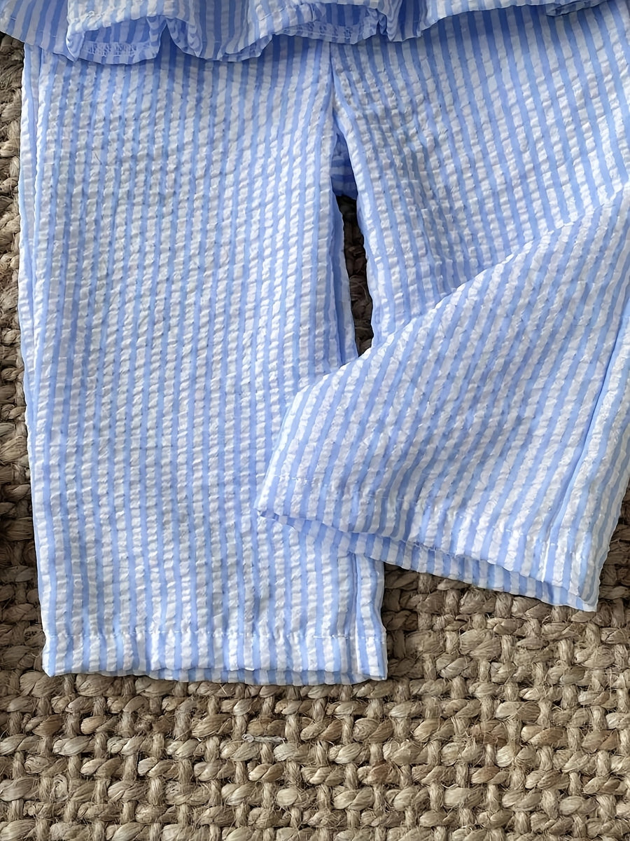 Ensemble haut à manches longues avec nœud et pantalon à rayures bleues — Monptitlou