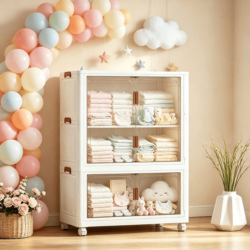 Armoire de rangement pliante style crème avec roulettes universelles — Monptitlou